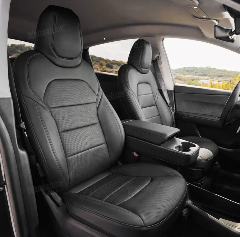 Tesla Model Y Juniper Black Leather Car Seat Cover White Stitching Front & Back